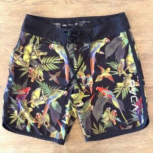 RCVA Men's Performance Stretch Boardshorts-Size‎ 34-Black Multi Tropical *READ*